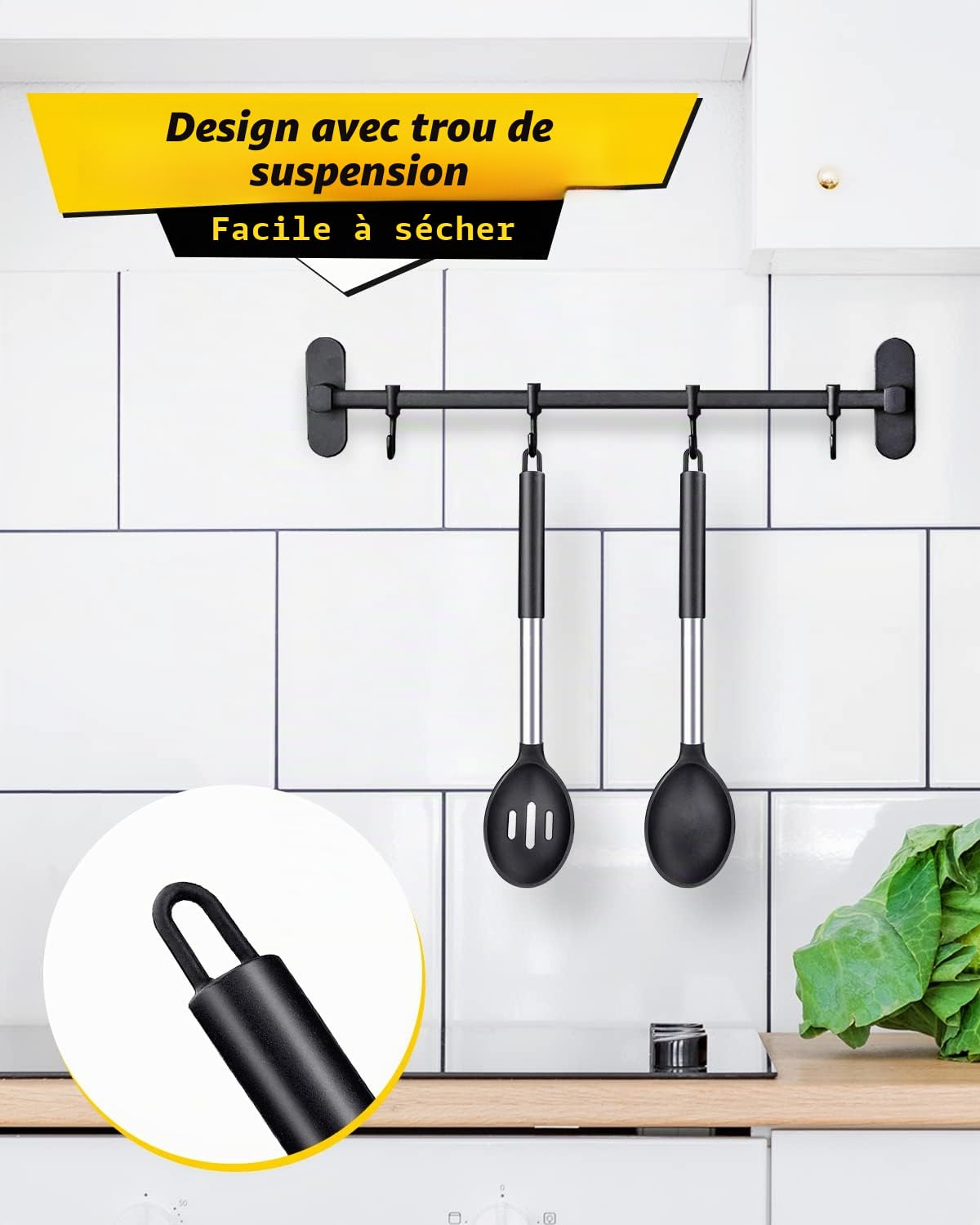 Lot de 2 grandes cuillères de cuisine en silicone, cuillère à badigeonner solide antiadhésive, ustensiles de cuisine résistants à la chaleur pour mélanger, servir, égoutter, remuer (Noire) | Grandes cuillères de cuisine résistantes à la chaleur pour mélan