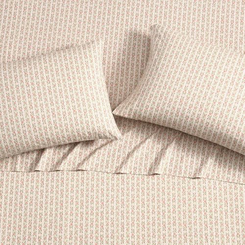 Image of Laura Ashley - Full Size Sheet Set, Crisp & Lightweight Cotton Percale Bedding with Fitted Sheet and Pillowcases, Floral Room Decor, Deep Pocket, College Dorm Room Essentials (Marta Stripe Pink)