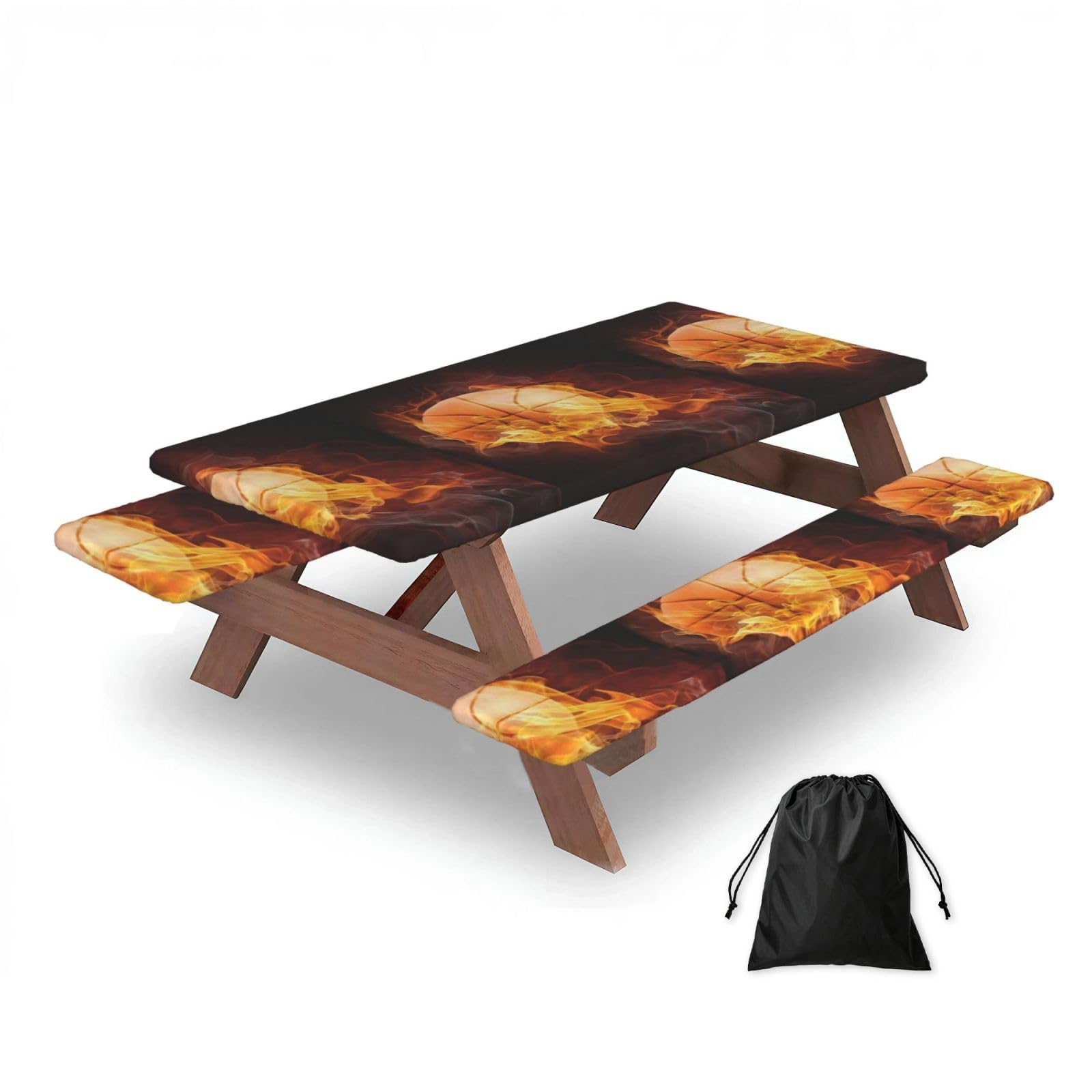 Dopklna As Picture Basketball Print, Picnic Table Cover With Bench Covers -Waterproof Elastic Fitted Tablecloth For Garden Camping Patio 76X152cm