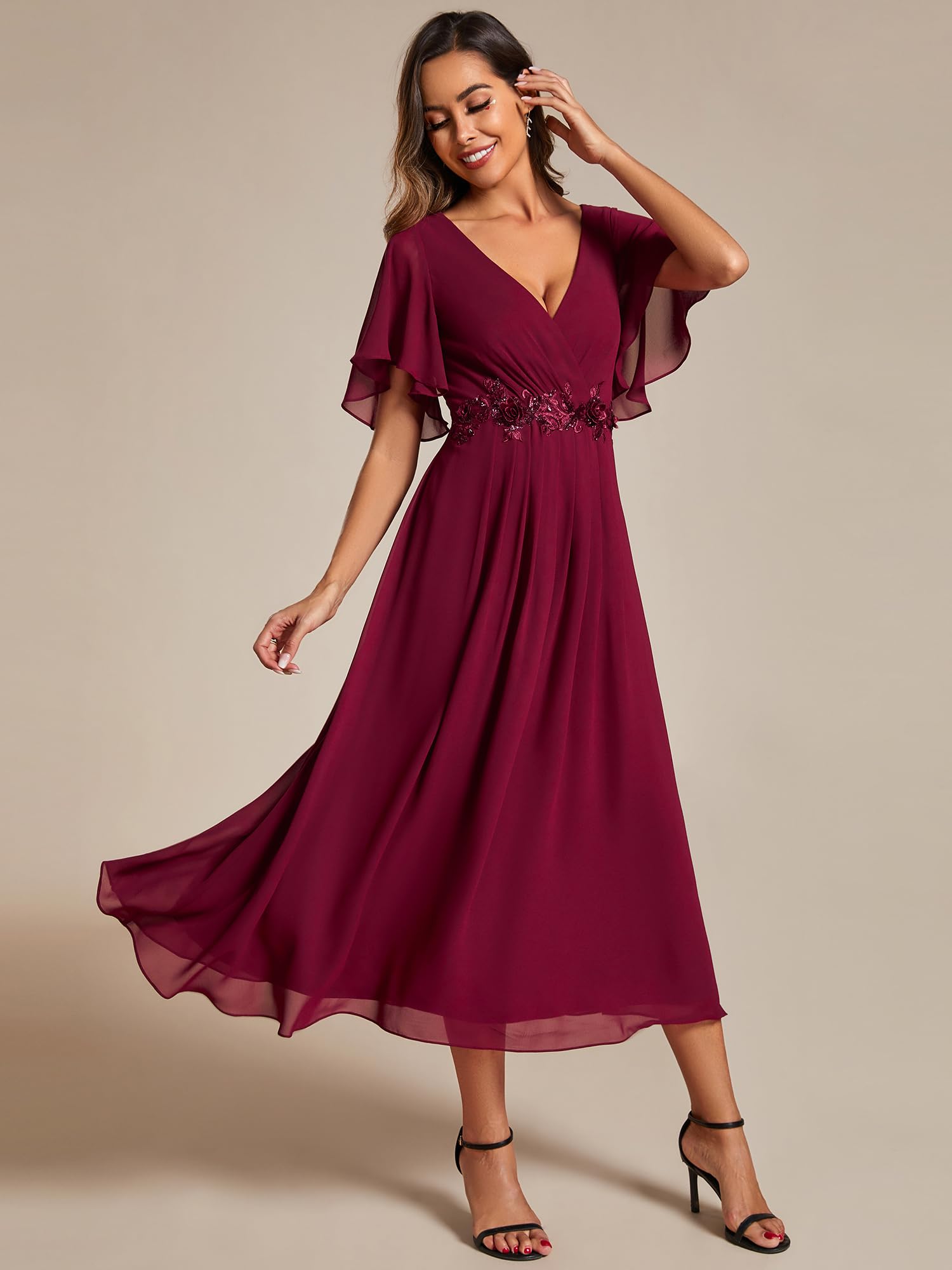 Ever-Pretty Abito da Ospite di Nozze Donna Applique Maniche a Volant Collo a V Stile Impero Chiffon EG02093