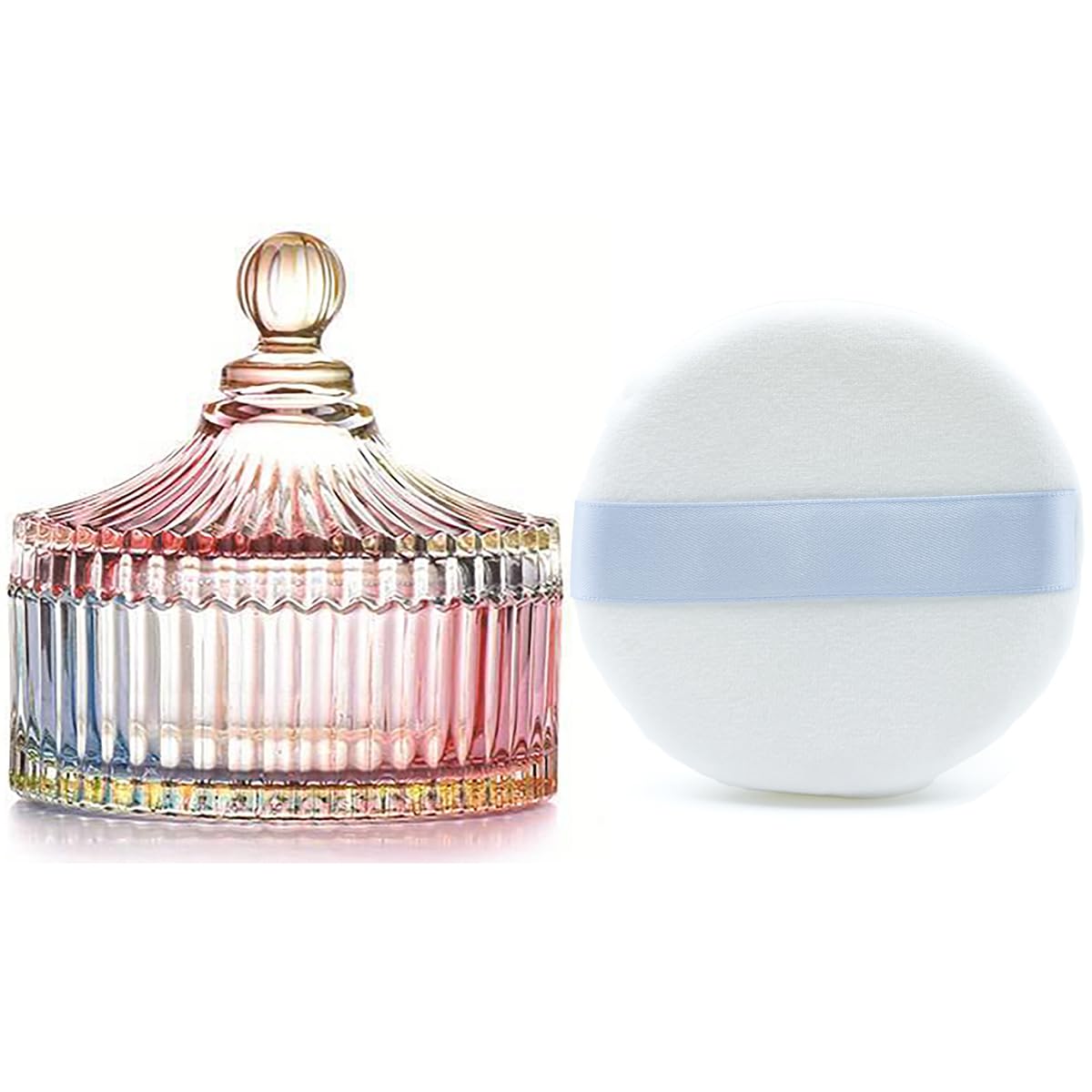 Ultra Soft Powder Puff and Rainbow Container 3.3" High Density Velvet Dusting Washable Reusable Powder Puff,Body Powder Puff and Glass Jar Holder