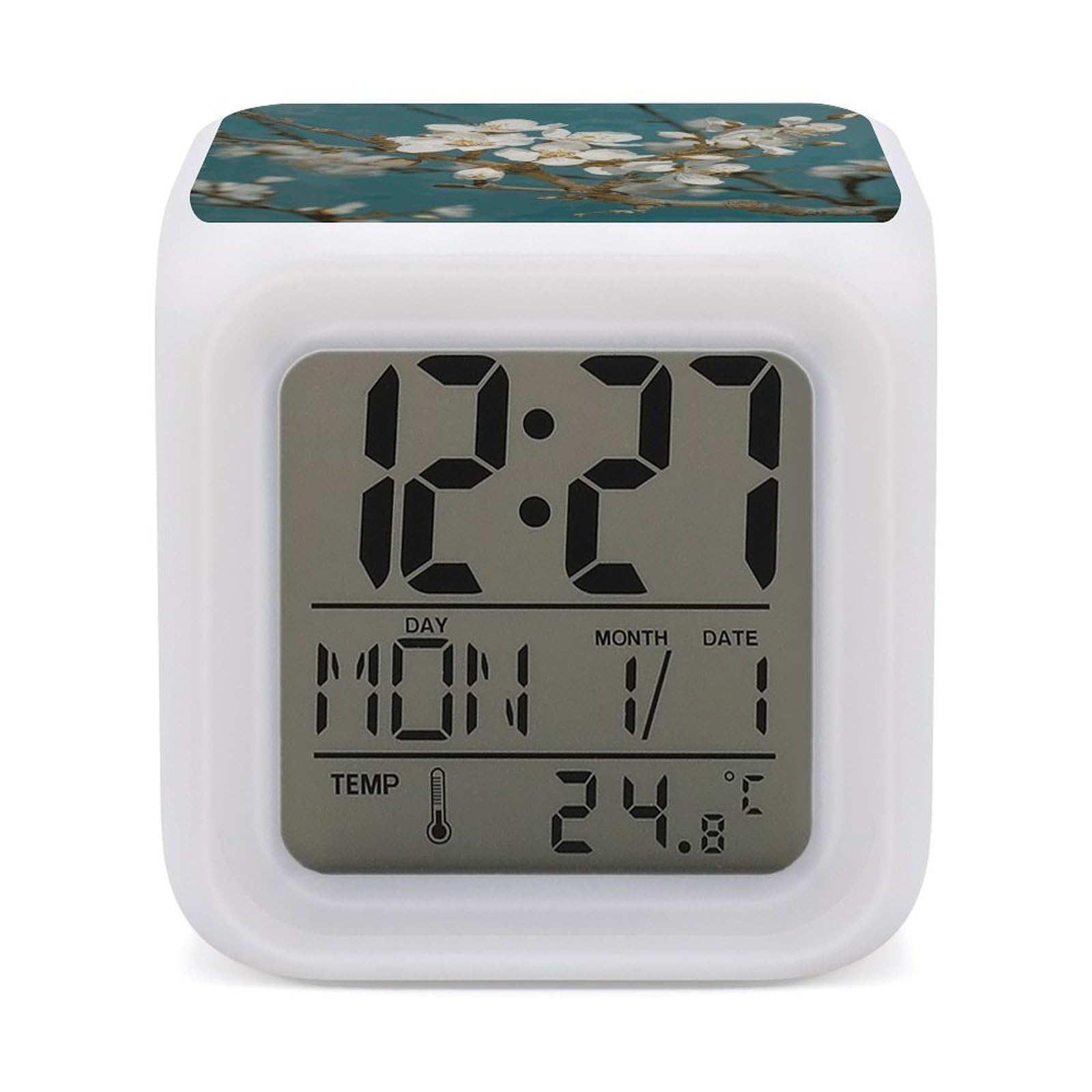 VstaDank Almond Blossom Alarm Clock with 7 Color Changing Night Light Date Temp Display Wake Clocks LED Display Digital Clock Electric Desk Clocks for Living Office Bedroom Decor