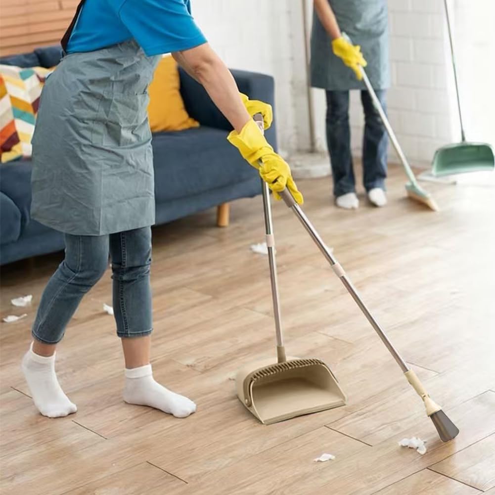 Yuragim Set di scopa e paletta, con manico e paletta con manico lungo, 137 cm, paletta verticale e scopa, per la pulizia della casa, ufficio (beige)