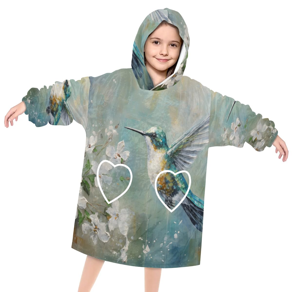 Wearable Blanket Hoodie for Kids, Colorful Birds Fleece Sweatshirt Blanket Oversized Blanket Sweatshirt with Pocket Flannel Warm Hooded Blanket 6-10 Year Old Girl Boy Gift, One Size