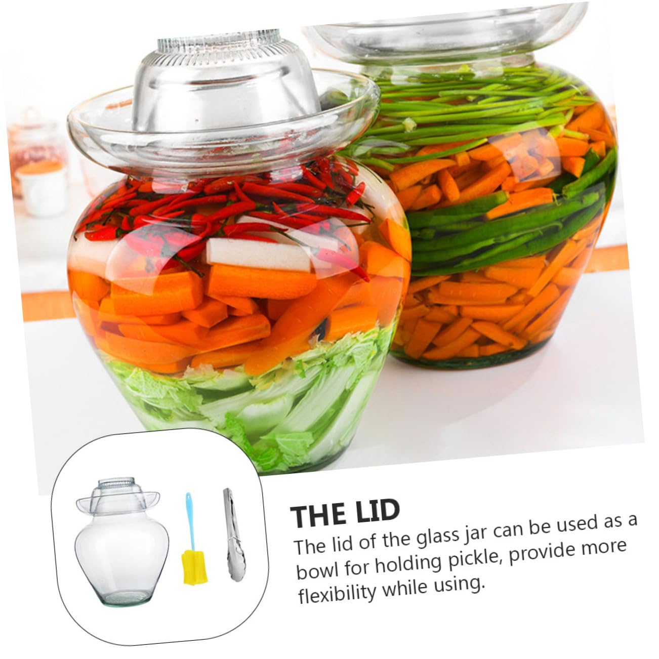 Tarro de Cristal para Encurtidos Tapa, Vidrio, Acero Inoxidable y Plástico | Verduras y Pepinillos, Uso en Cocina, Fácil de Limpiar, Incluye Cepillo y Pinza