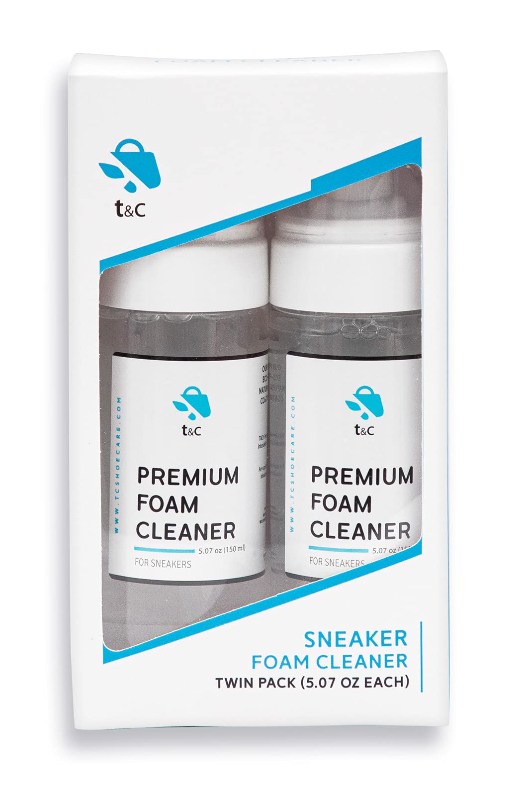 t&c Shoe Foam Cleaner Twin Pack - Sneaker Cleaner – 2 bottles of Foam Premium Cleaners - Safe on all materials – Clean up to 50 pairs per bottle