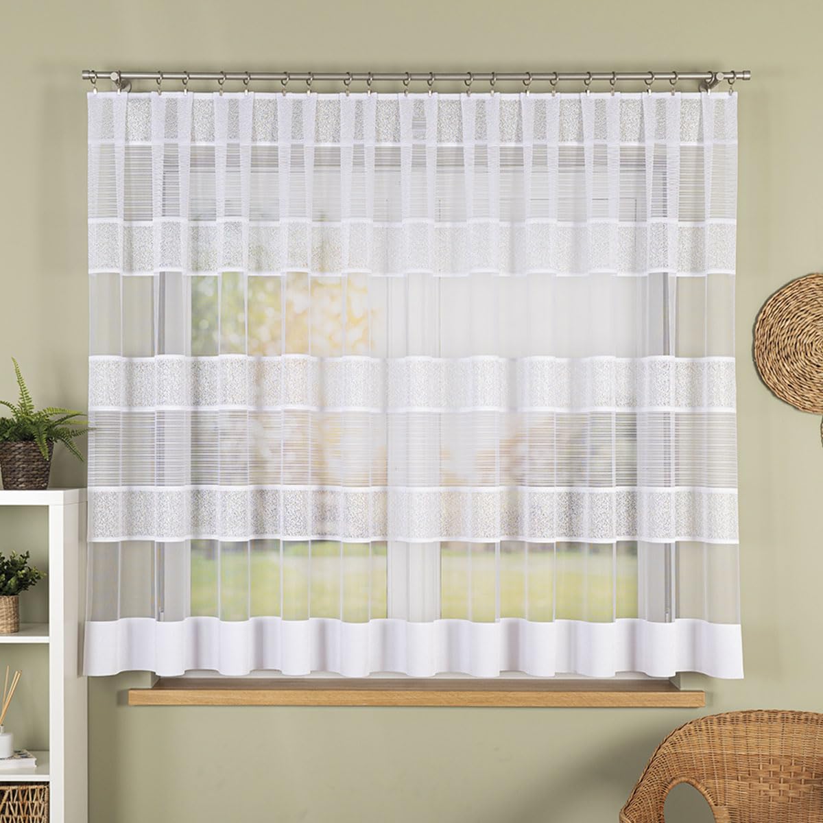 Weiß Jacquard 500x180 cm (BxH) Passos New Kurze Lange Horizontalen Streifen Kräuselband Fertiggardine Umsäumte Seiten