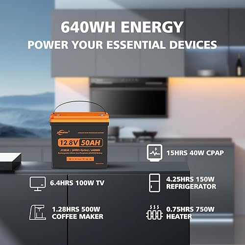 Miniatura 6 de jsdsolar Batería LiFePO4 de litio premium de 12 V 50 AH de 10 años de vida útil - BMS de 50 A, 8000-15000 ciclos, ideal para energía de respaldo,
