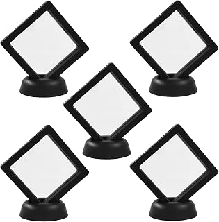 5 Pack 3D Floating Display Case with Stands, Black Frame | Plastic Shadow Box, 2.8 Inch Outer Diameter, For Specimens, Earrings, Bracelets & Collectibles