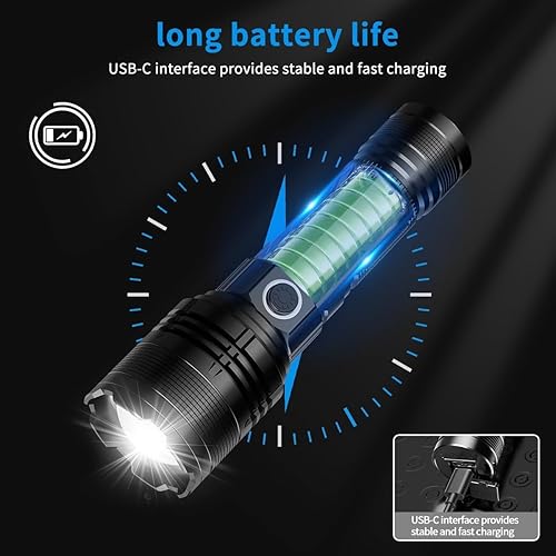 Miniatura 3 de Linterna recargable, linternas tácticas de 2000 lúmenes altos, linternas brillantes USB C, linterna LED de mano recargable 5 modos para el hogar,