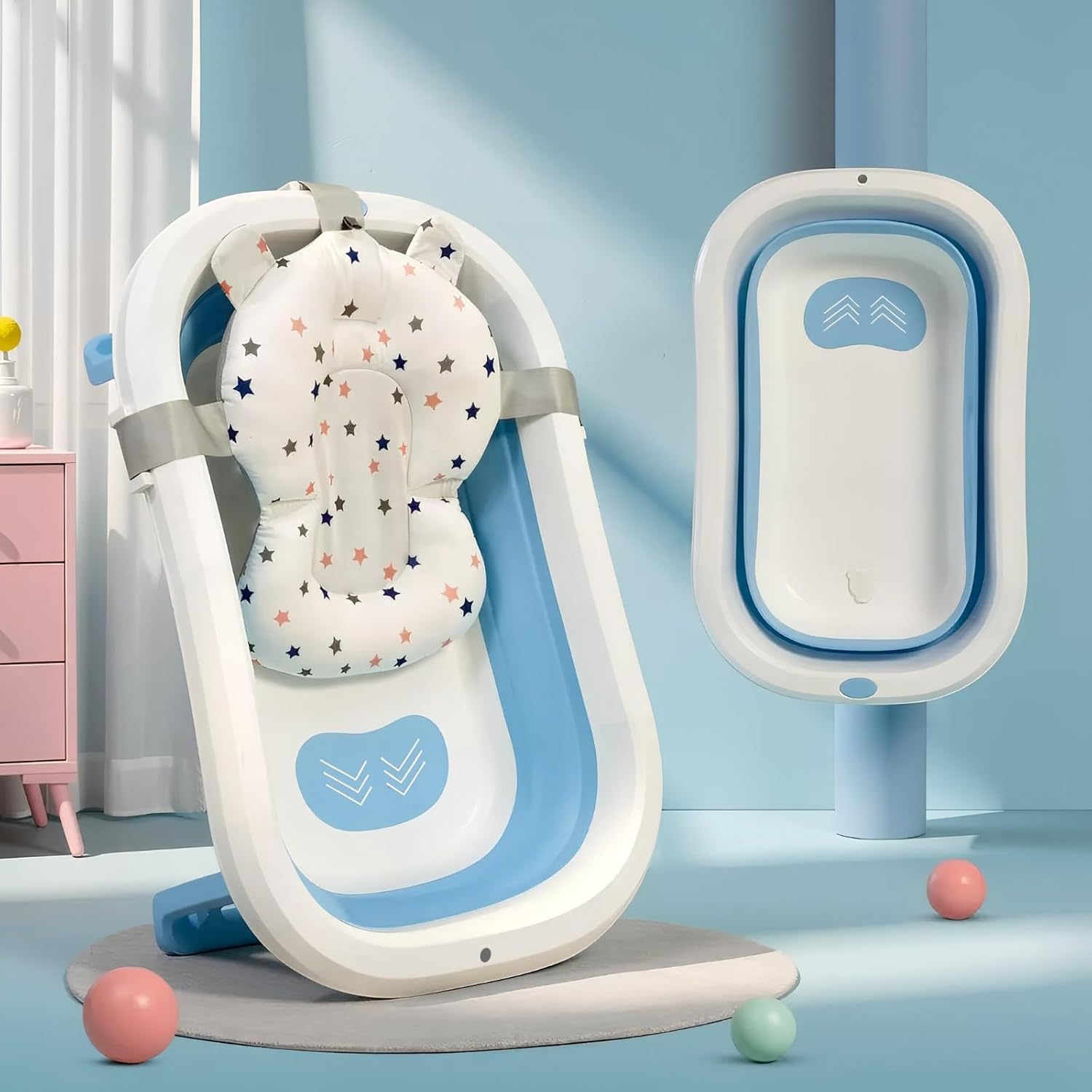 Foldable Baby Bath Tub for Newborn & Kids 0-5 Years | Baby Bath Tub with Soft Cushion & Soap Tray | Space Saving Folding Bath Tub for Infants, Toddlers, Girls & Boys | Easy to Store Baby Bath Tub – Blue-image-45