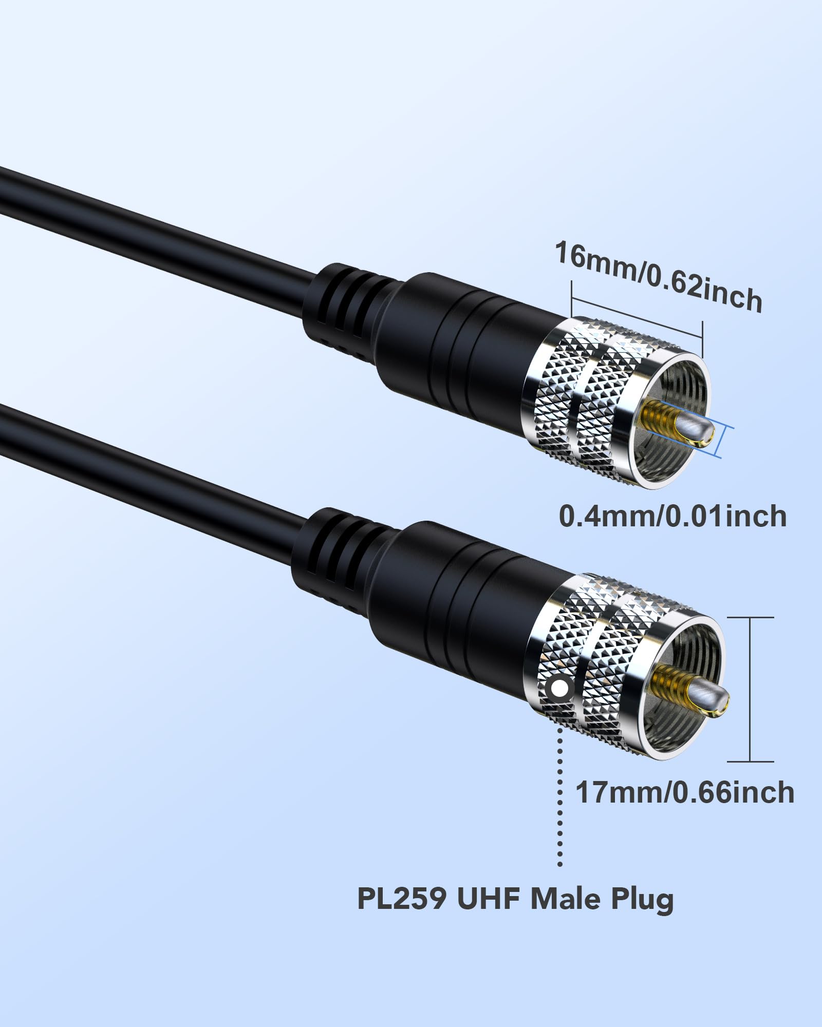 Cable coaxial RG8x de 50 pies, cables de antena CB PL259 UHF macho a macho, extensor de cable coaxial de 50 ohmios para radios al aire libre, analizadores de antena, sintonizadores de antena
