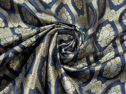 Tissu brocart de soie marine jacquard argenté 111cm BRO1055