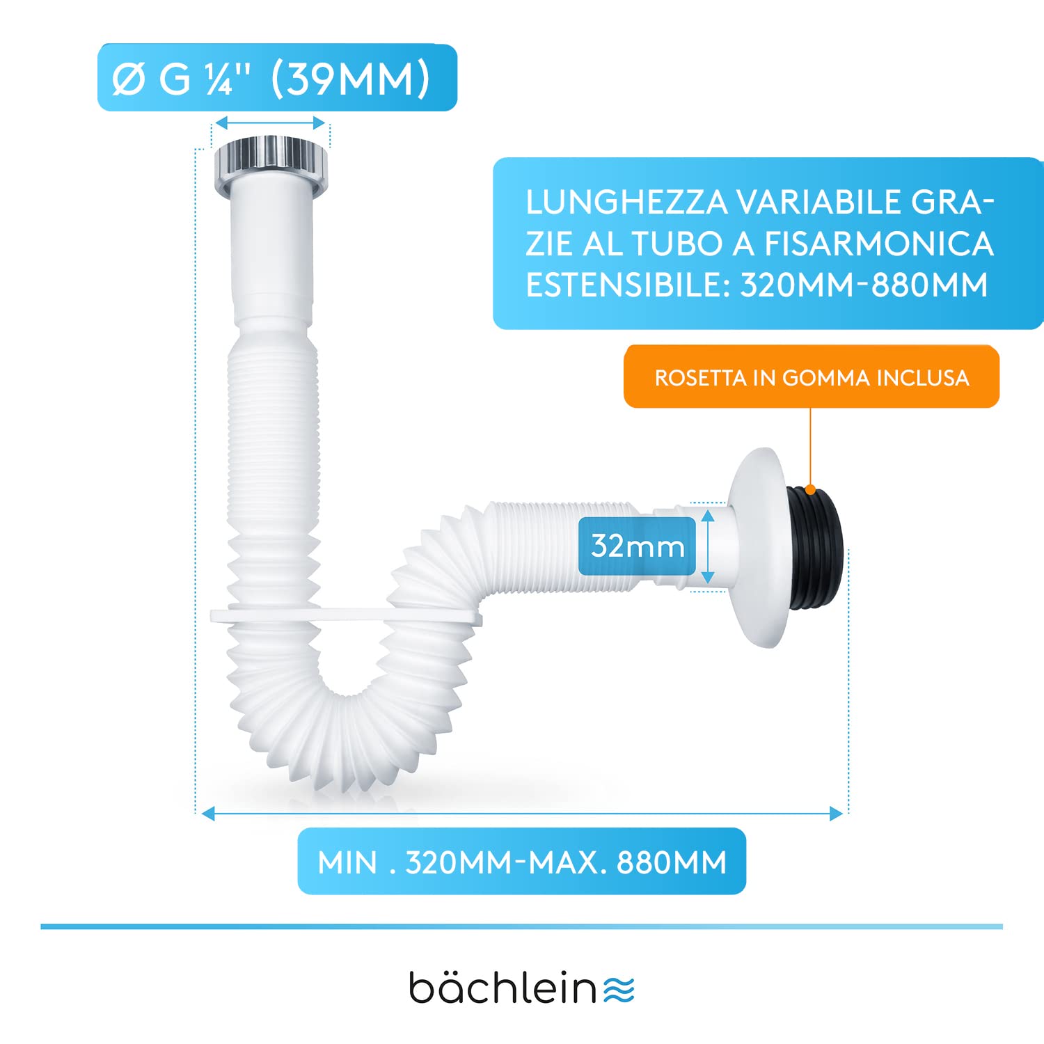 Tubo Scarico Flessibile Bächlein Per Lavabo - G1 1/4, Estensibile 320-880mm, Sifone Antiodore - Foto 8