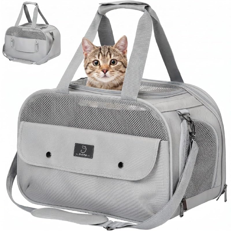 A 4 PET Transportbox Katze, Hundetasche Flugzeug für Kabine/Auto, Leicht Hunde Flugtasche mit patentieren Sicherheit Schnallen/4 Mesh/Aufbewahrungstasche, Grau