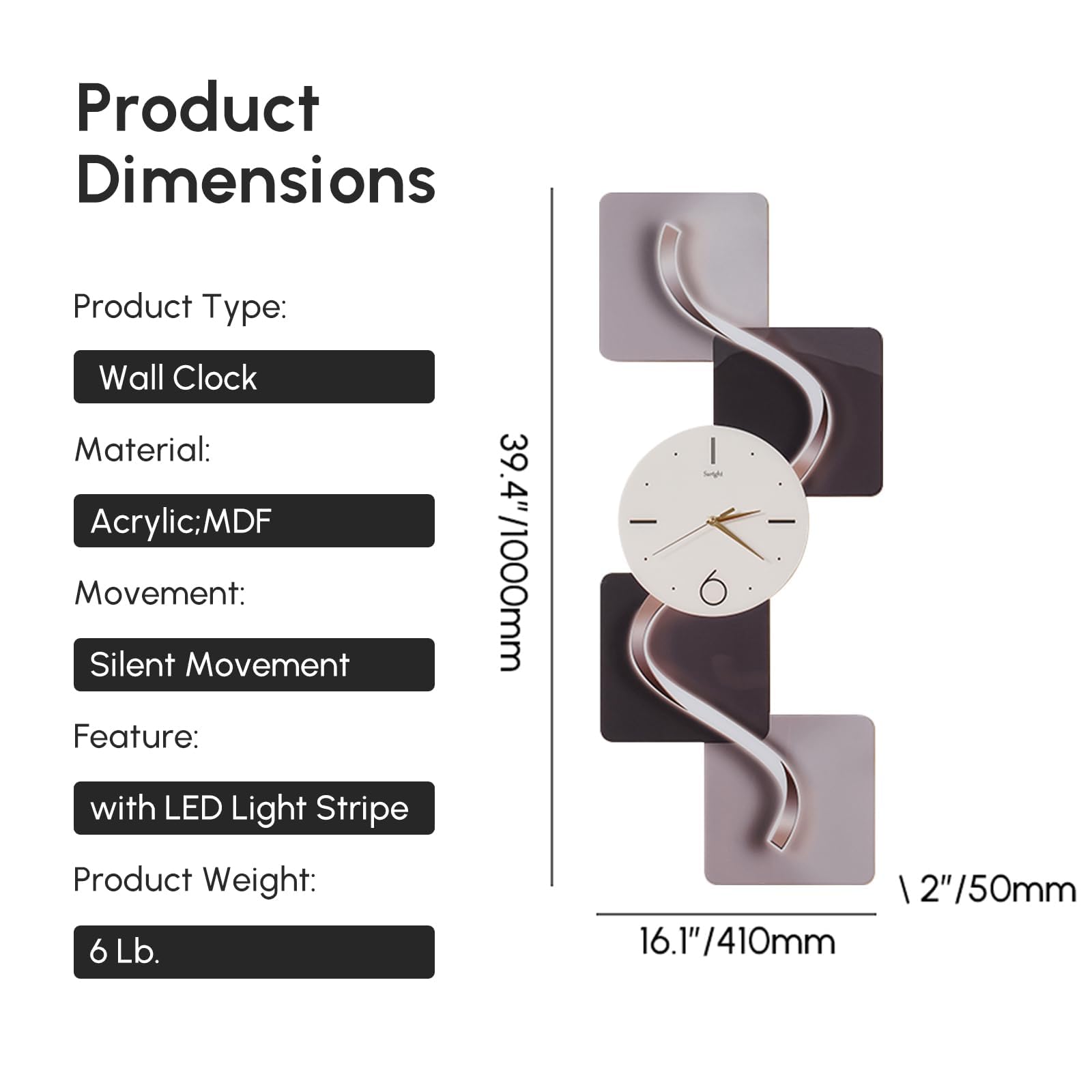 Reloj de pared, silencioso, sin tictac, diseño abstracto moderno con luz LED, ideal para decoración de sala de estar