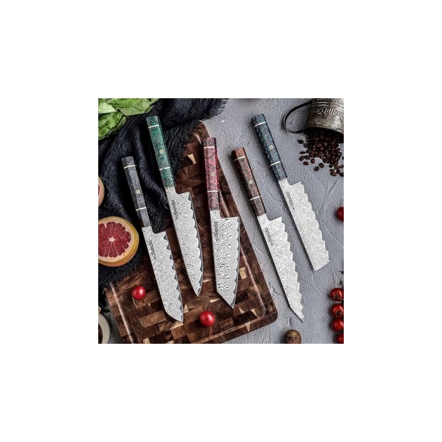 Epokishi 5-Piece AUS-10 Damascus Knife Set – Premium Japanese Chef Knives with Resin & Carbon Fiber Handles – Includes Gyuto, Santoku, Nakiri, Bunka, and Kiritsuke