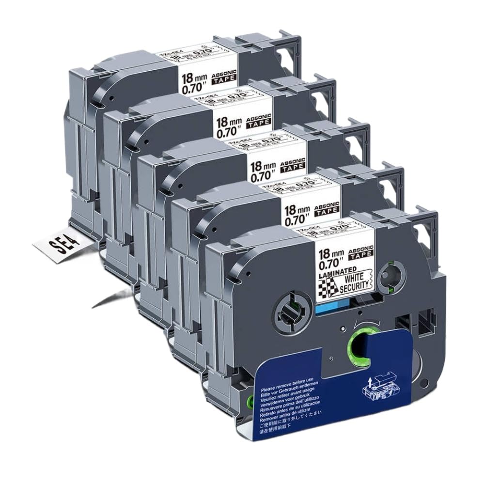 Nastro per cassetta per etichette SE4 da 5 pezzi da 18 mm nero su bianco compatibile con l'etichettatrice per nastri di sicurezza SE4