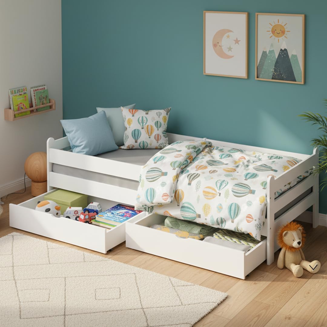 Bellabino Kuru Kinderbett 90x200 cm – Jugendbett mit 2 Schubladen - Kinder Bett mit Rausfallschutz & Lattenrost – Einzelbett für Jungen und Mädchen für Kinderzimmer – Kids Bed mit Stauraum in Weiß
