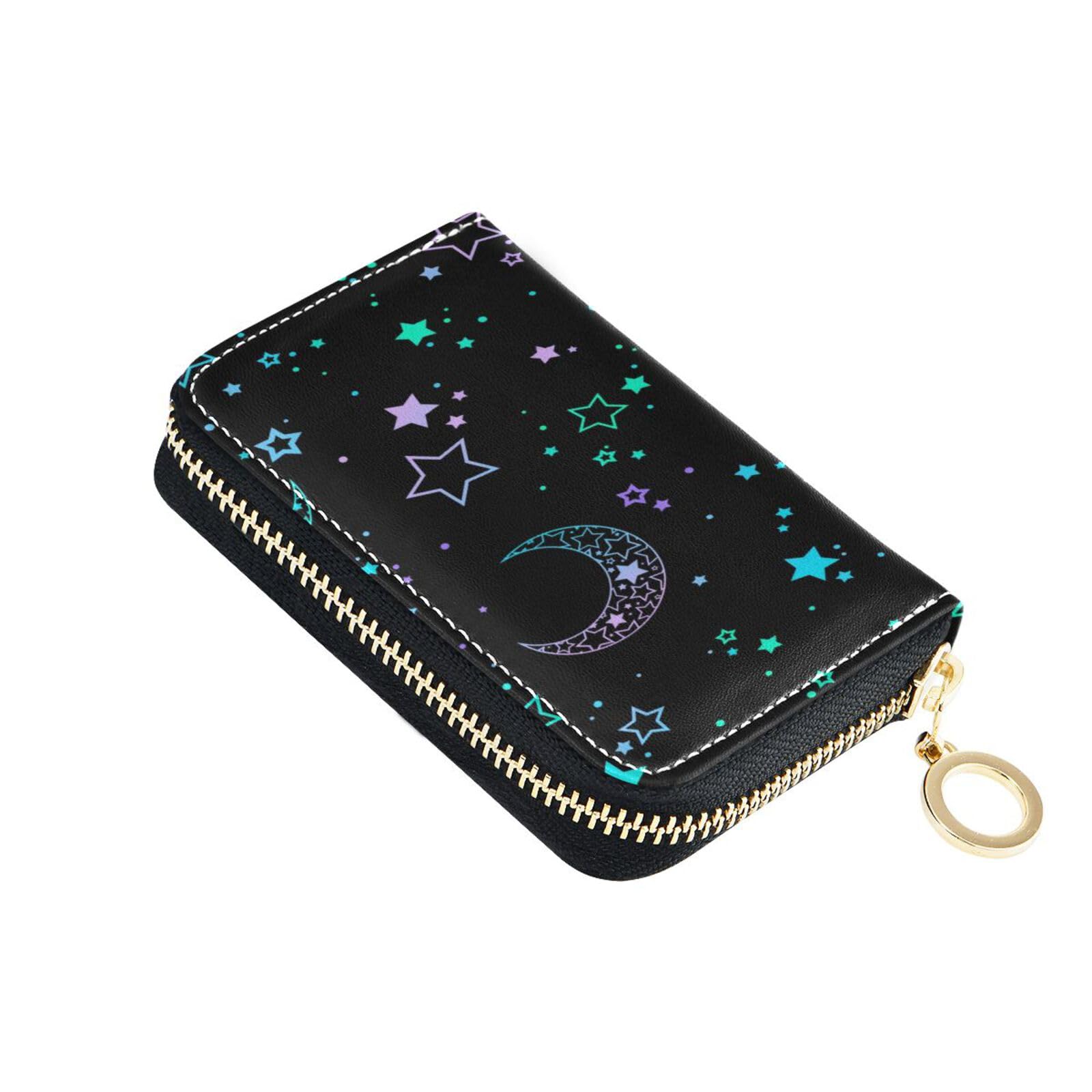 Bolaz Leather Credit Card Holder Zipper Card Wallet Slim Organizer Case Business Card Case Star Moon Sun for Woman Man