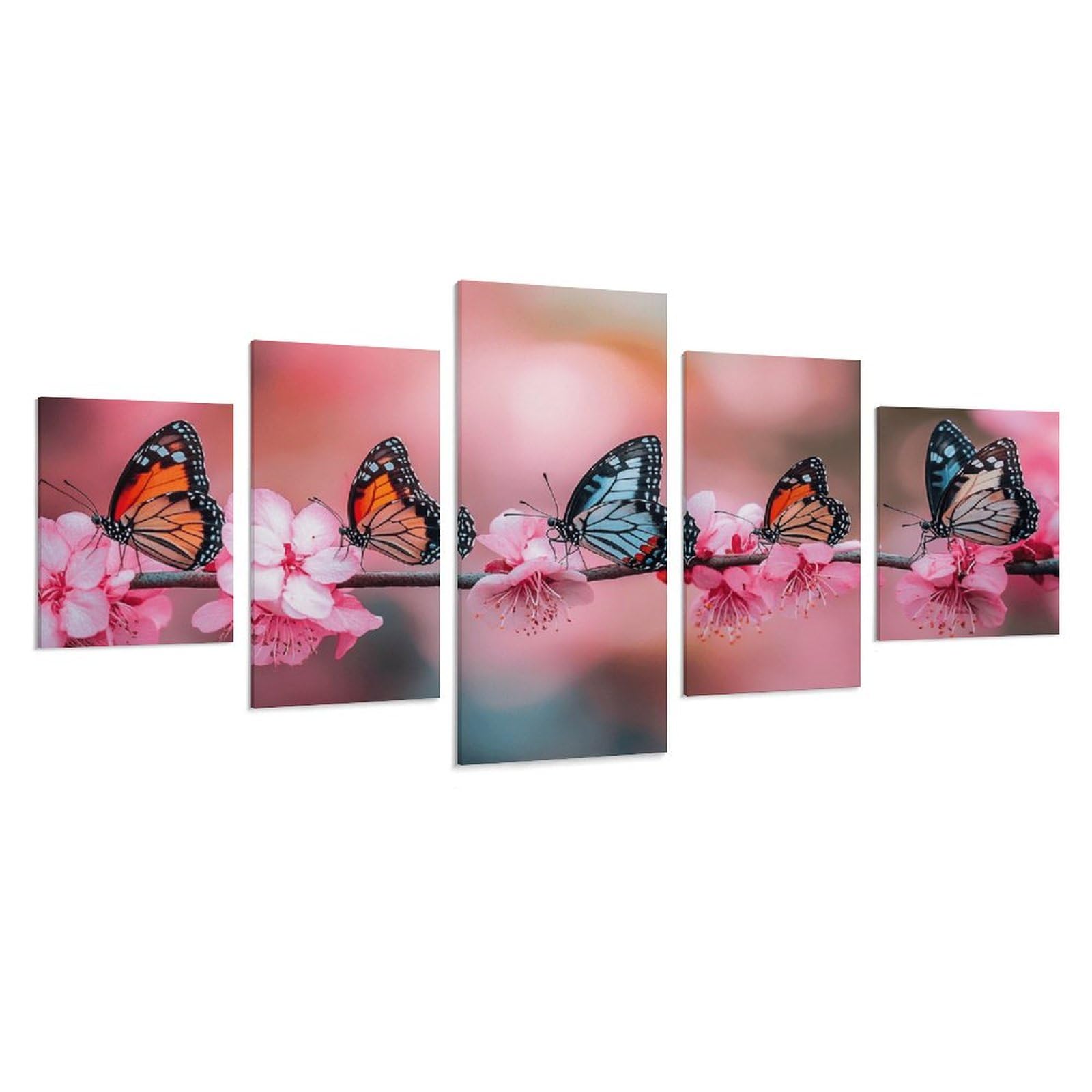 BNSSJAVS Canvas Wall Art 5 Pieces, 60 x 32 in / 153 x 82 cm, Large Photo Modern Decorations 5 Panels, Poster Art Printed Artwork for Home Improvement, Living Room Accessory - butterfly