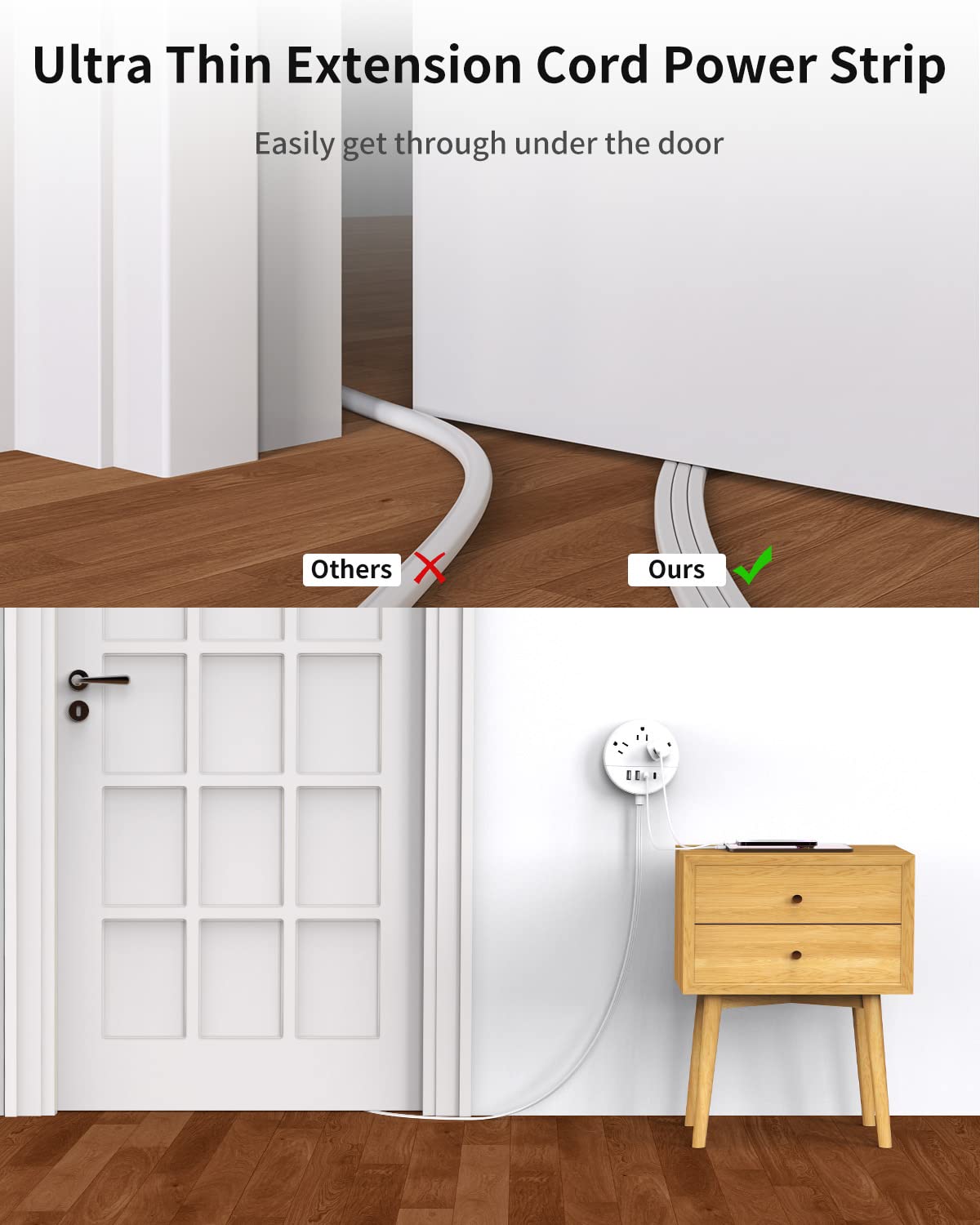 NTONPOWER 25 Ft Flat Extension Cord With 3 Outlets & 2 USB Ports - Ultra Thin Under Carpet Power Strip, Wall Mountable, Black