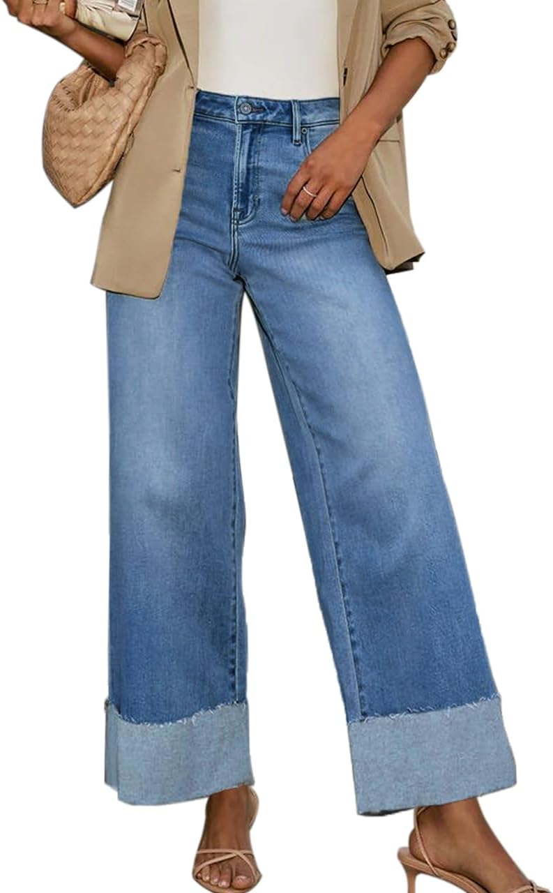 Women's High Waisted Wide Leg Jeans Stretch Frayed Raw Hem Straight Leg Boyfriend Cuffed Jeans Trendy - Image 2
