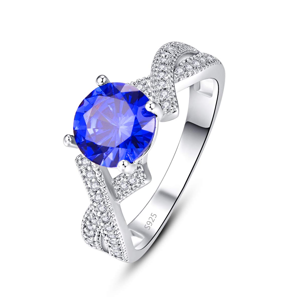 Empsoul925 Sterling Silver Women's 8x8mm Round Royalblue Topaz Cubic Zirconia CZ Crossover Knot Pave Diamond Promise Ring Size 9