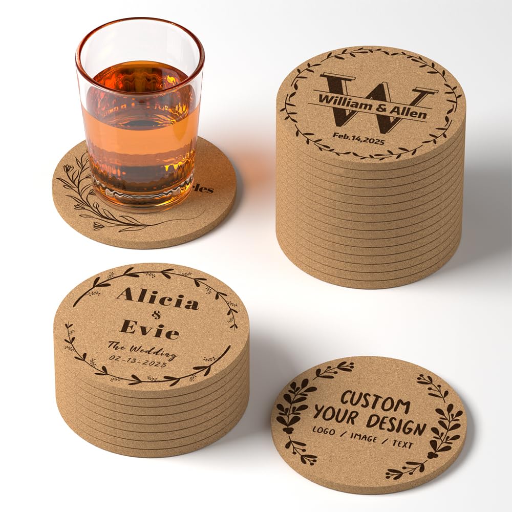 30-100 Personalized Cork Coasters, Laser Engrave Your Name Text Logo, Non-Slip Heat-Resistant Custom Drink Coasters for Bars, Wedding Favors,