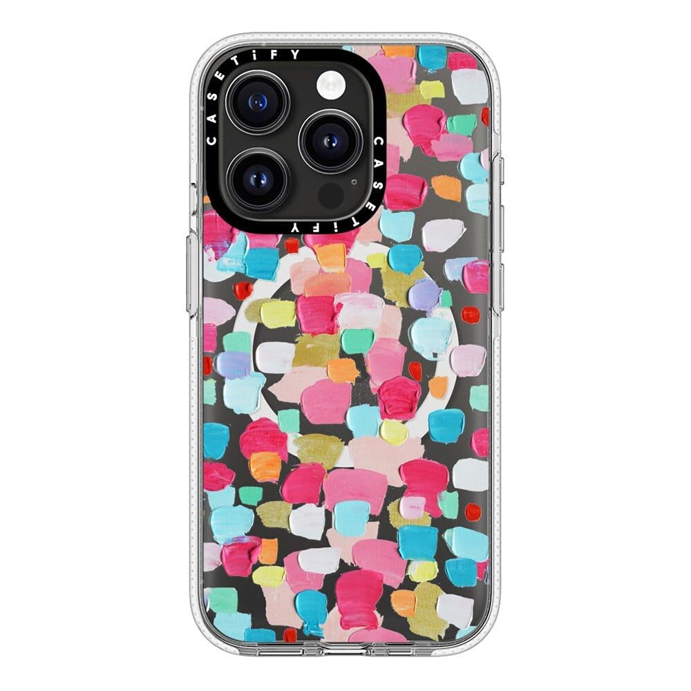 CASETiFY Funda transparente para iPhone 15 Pro (no amarillea/6.5 pies, protección contra caídas de grado militar 3X/Magsafe), confeti magenta, transparente