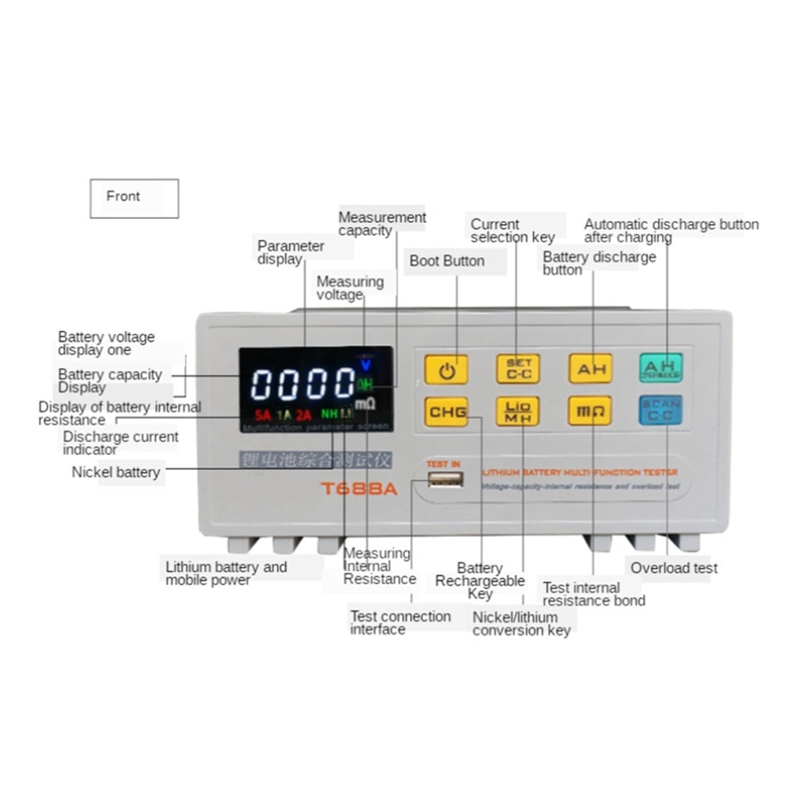 Probador de capacidad batería litio T-688A vehículo eléctrico probador resistencia interna carga y descarga Pruebas versátiles