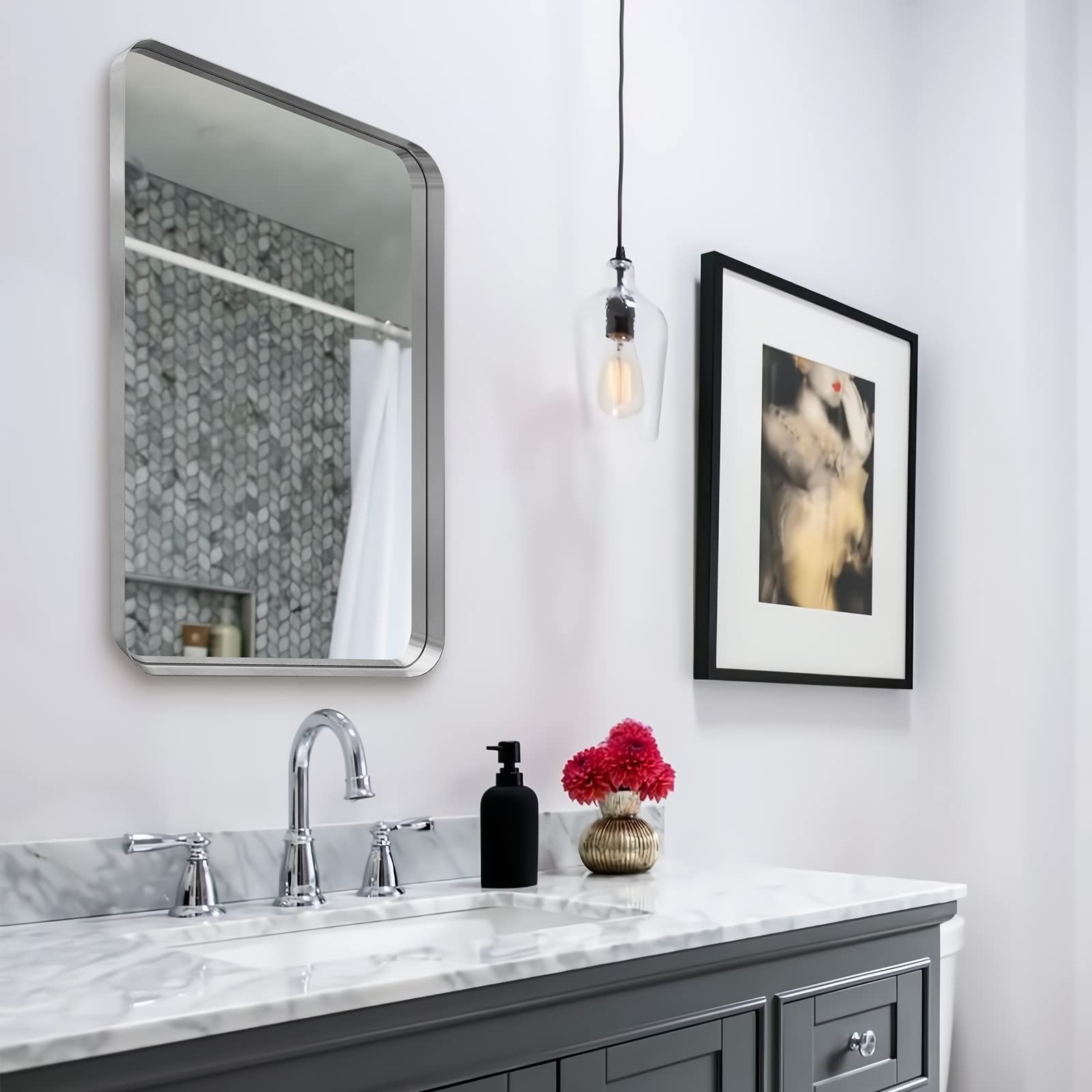 ANDY STAR 24â€_x009d_x36â€_x009d_Brushed Nickel Mirror for Bathroom, Rounded Rectangle Bathroom Mirror, Modern Metal Mirror in Premium Stainless Steel Frame, 2â€_x009d_Deep Set Design Hangs Horizontal Or Vertical