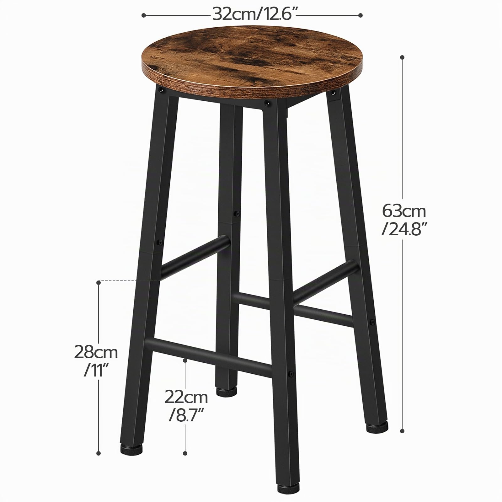 HOOBRO Lot de 2 Tabourets de Bar, Tabouret de Petit-déjeuner, Chaises Hautes, pour Salle à Manger, Cuisine, Bar, Robuste et Stable, Style Industriel, Marron Rustique, Noir, EBF07BY01
