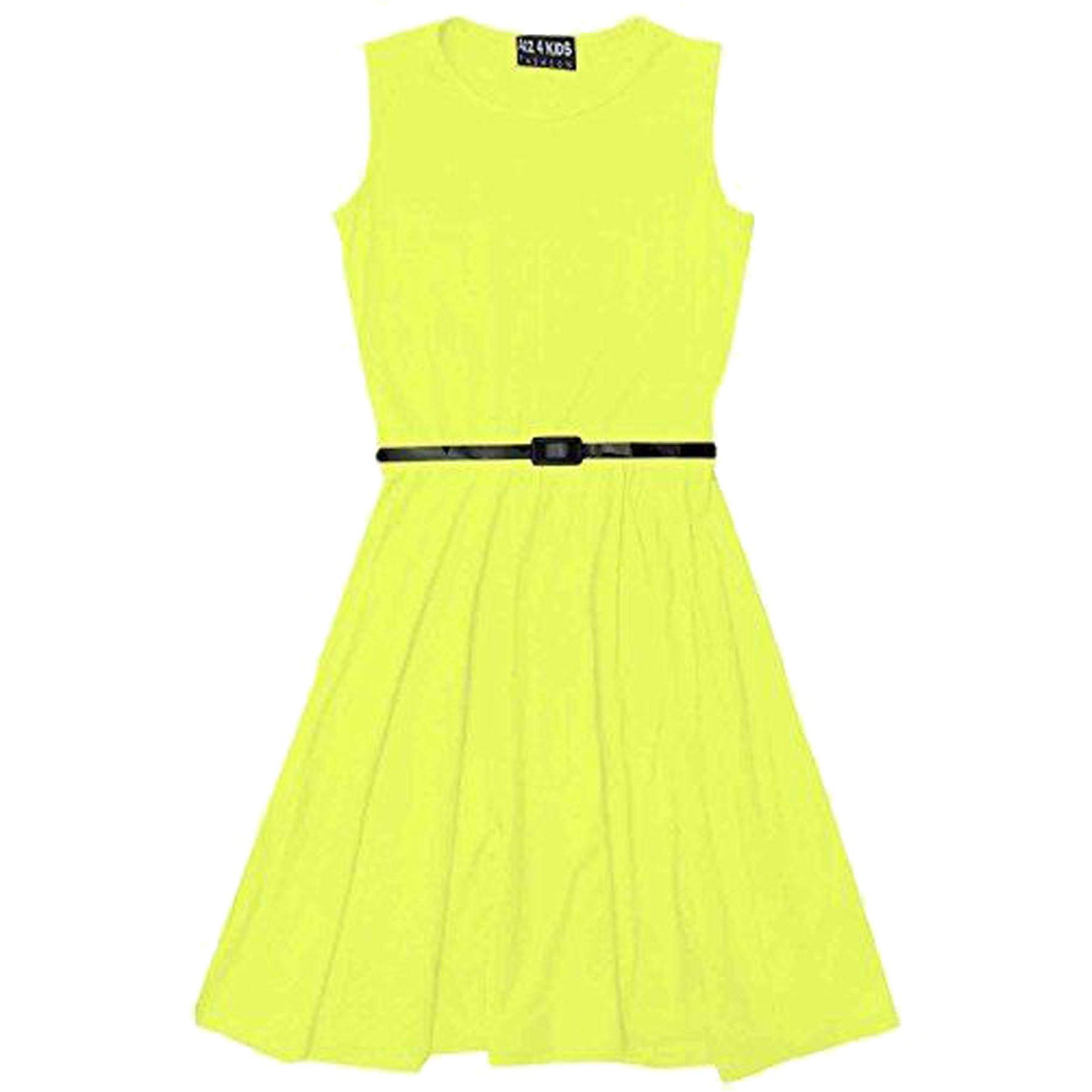 A2z 4 Kids Girls Neon Yellow Party Fashion Dresses With Free Belt Summer - Skater Sleeveless 13
