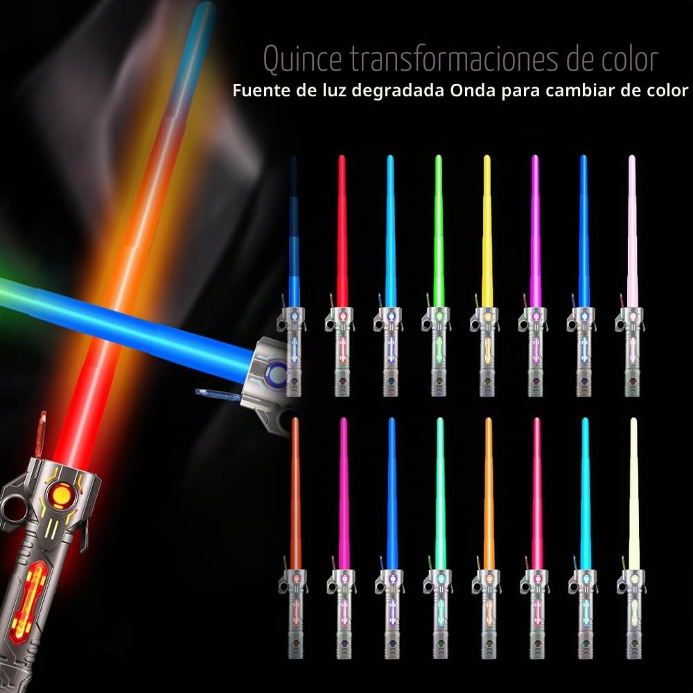 Sable de Luz, 2Pcs Espada Laser Niños, 15 Colores Sonido de Combate Simulado, Espada Láser, Sable de Luz Led, Espada Láser Retráctil 2 en 1 para Niños ( Plateado + Negro)