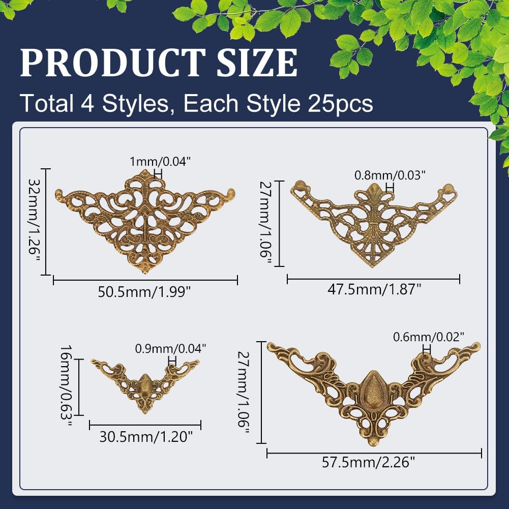 PH PandaHall 100pcs Book Corners 4 Styles Corner Protector Hollow Triangle Wrap Connector Metal Book Corners Tibetan Pendent Metal Album Resin Filler Filigree Corner Embellishments for Jewelry Making - Image 2