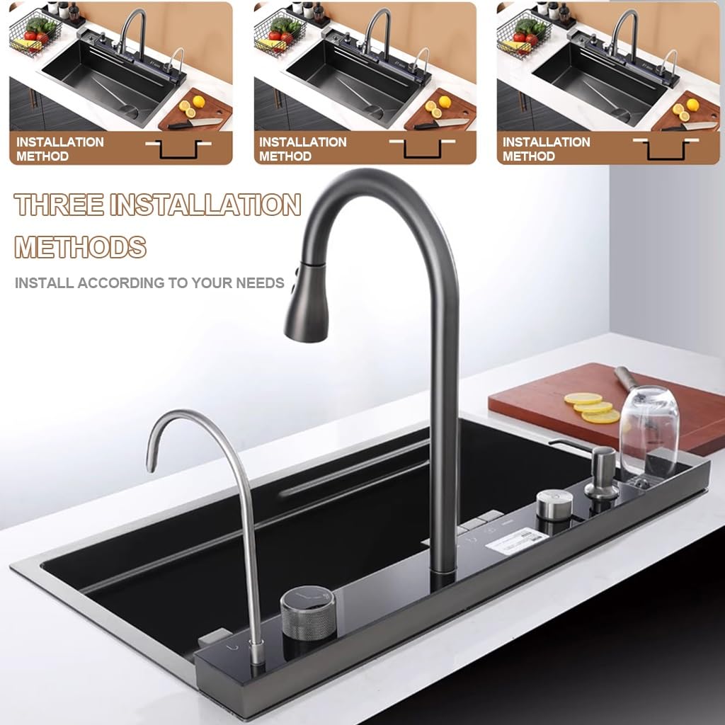 RVS Waterval Aanrecht Multifunctionele Enkele Kom Bar Spoelbak Met Geïntegreerde Kraan, Afvoermand, Afvoerbak, Snijplank, Afvoercomponent (Kleur: Wit, Maat: 75x45x