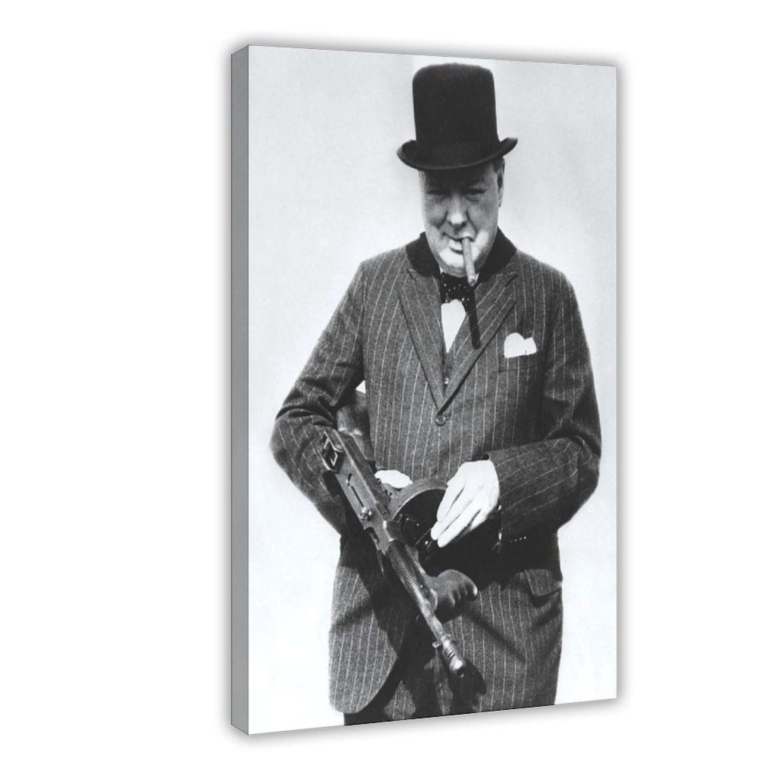 WCYB Winston Churchill With Tommy Gun Posters Prints Canvas Deco Paintings Wall Art Hangable Frame 24" L X 36" W