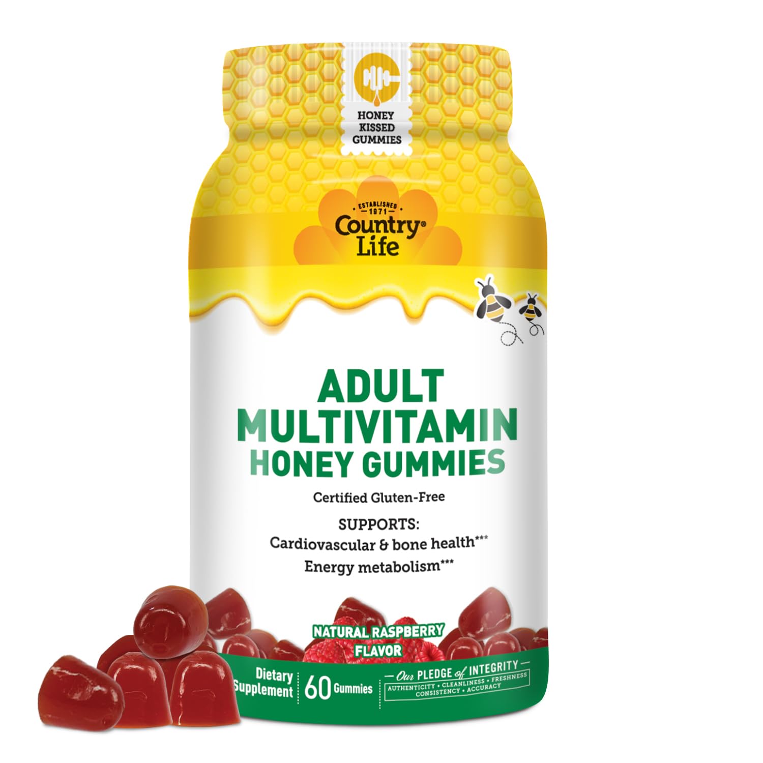Country Life Adult Multivitamin Honey Gummies – Bone, Heart & Energy Support – Non-GMO, Certified Gluten Free, Vegetarian – Naturally Sweetened – 60 Gummies