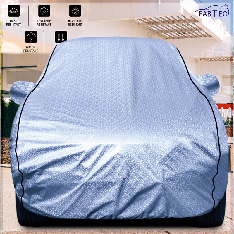 Image of FABTEC Metallic Silver Waterproof Car Body Cover for Skoda Rapid Sun, UV and Dust Protection with Mirror and Antenna Pocket (Reflective Silver with Black Piping)