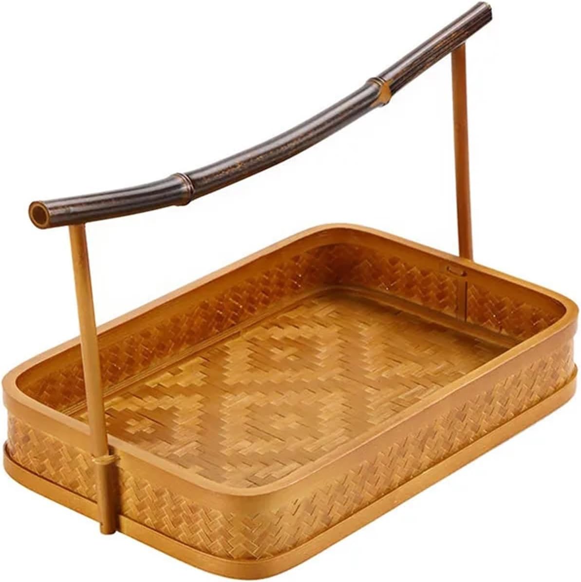 Handmade Bamboo Basket With Handle, Chinese Vintage Style Woven Storage Box, Lacquer Finish, Portable Fruit Or Tea Serving Basket(2)