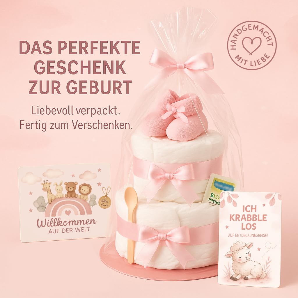 Torta di pannolini da bambina a 2 piani in rosa con calzini, regalo per nascita per mamma, battesimo o baby shower, idea regalo con pannolini neonati, biglietto di auguri incluso