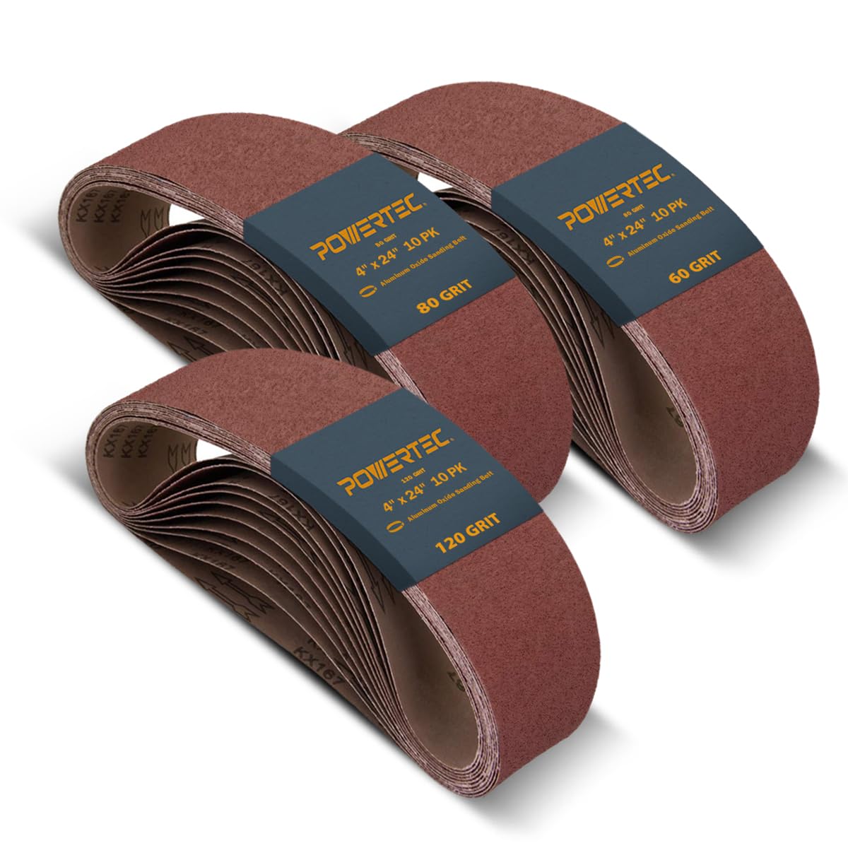 POWERTEC 4 x 24 Inch Sanding Belts, 30PK, 10 Each of 60 80 120 Grits, 4x24 Belt Sander Sanding Belts Assortment, Aluminum Oxide Sandpaper for Oscillating Belt Sander, Woodworking (110091)