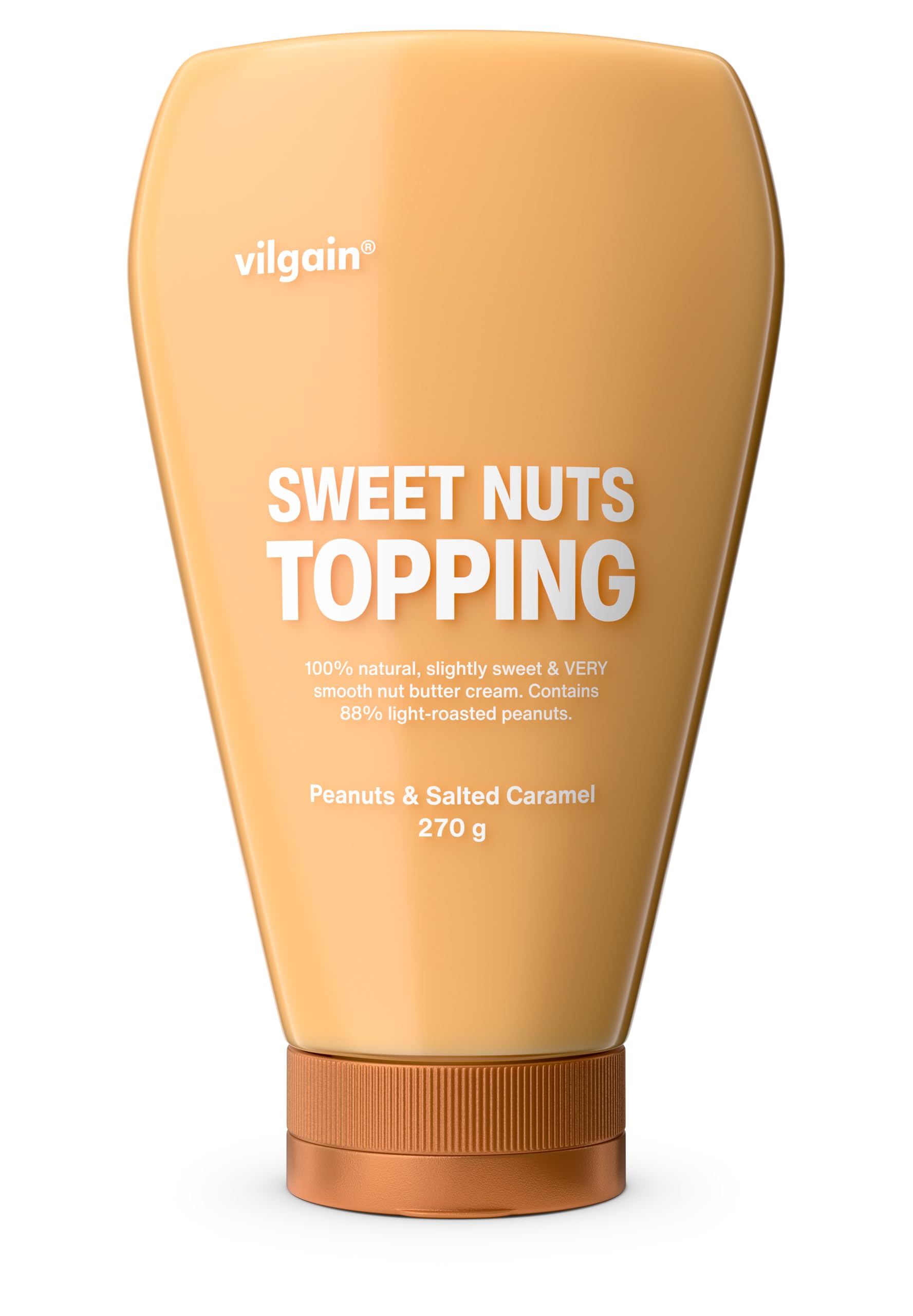 Vilgain Sweet Nuts Topping â â€“â  Extra Creamy Hazelnut Dispenser Sauce with Cane Sugar â â€“â  87% Nut Content â â€“â  Source of Fibre â â€“â  Peanut Butter for Pancakes, Porridge, Yoghurt, or Desserts, 270g