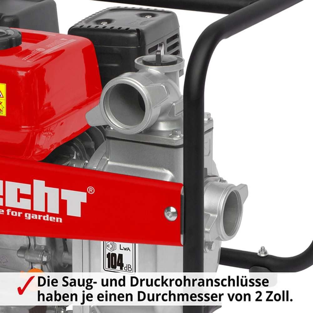 Close-up of the HECHT HEC-3635 pump's suction and pressure connections