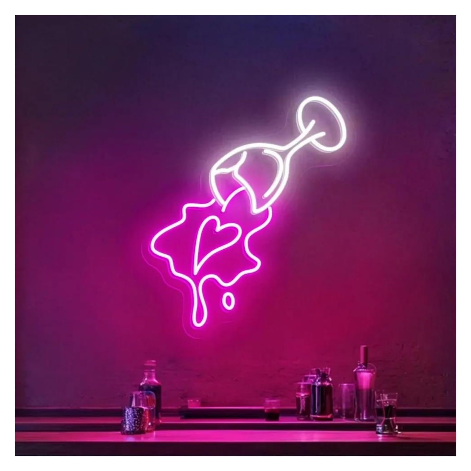 Shouxi A Sign Lamp Spilled Wine With Heart Neon Sign, Wine Glass Wall Rt Neon Sign, Cocktail Lounge Decor 45Cm(A)