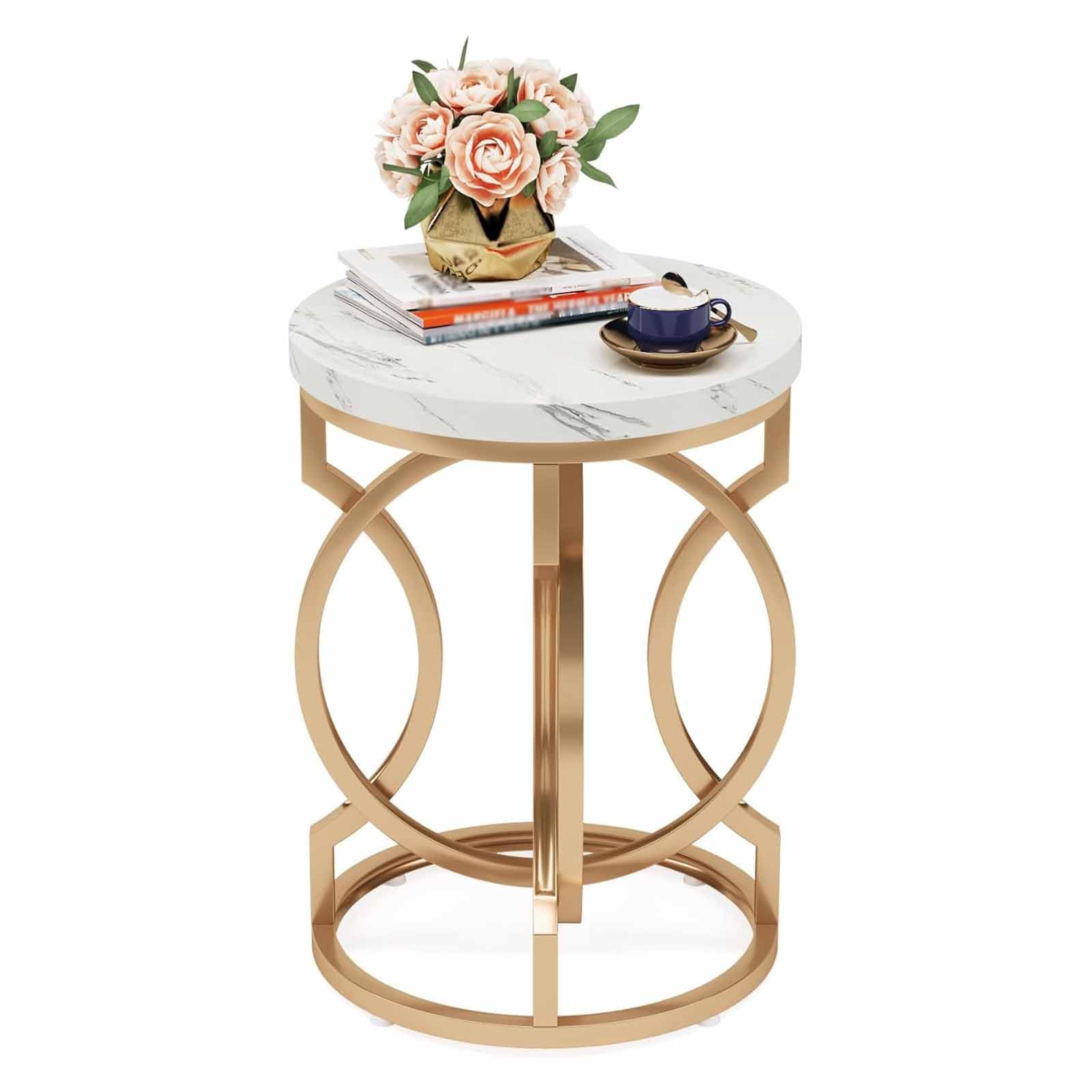 SXZenSpace Round End Table, Side Accent Table for Living Room Bedroom, with Imitation Marble, Modern Sofa Gold Base, Midcentury