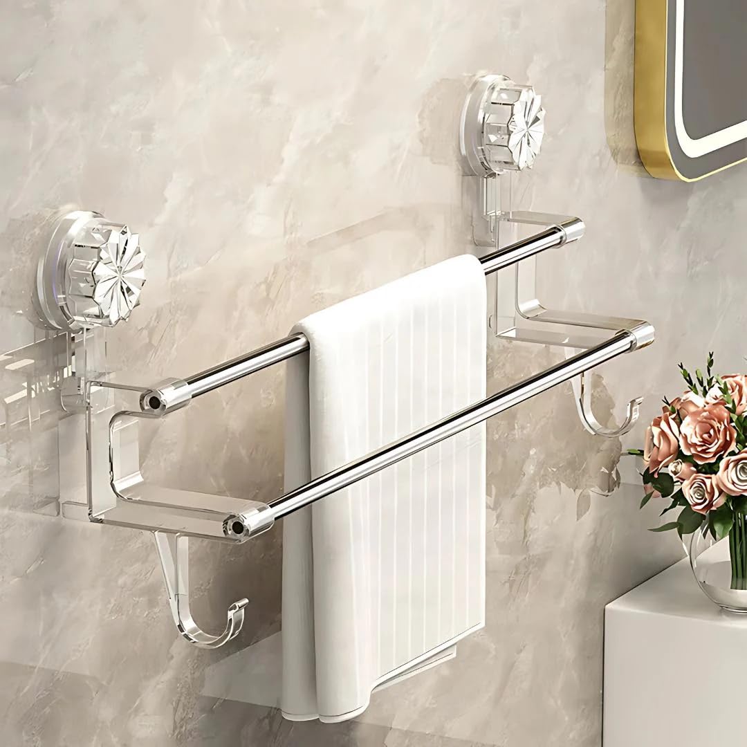 No-Drill Towel Rack for Bathroom, Wall Mounted Suction Cup Double Rod Towel Holder with Shelf, Bathroom Towel Stand for Towels, Clothes & Bath Accessories, Easy Installation-image-29