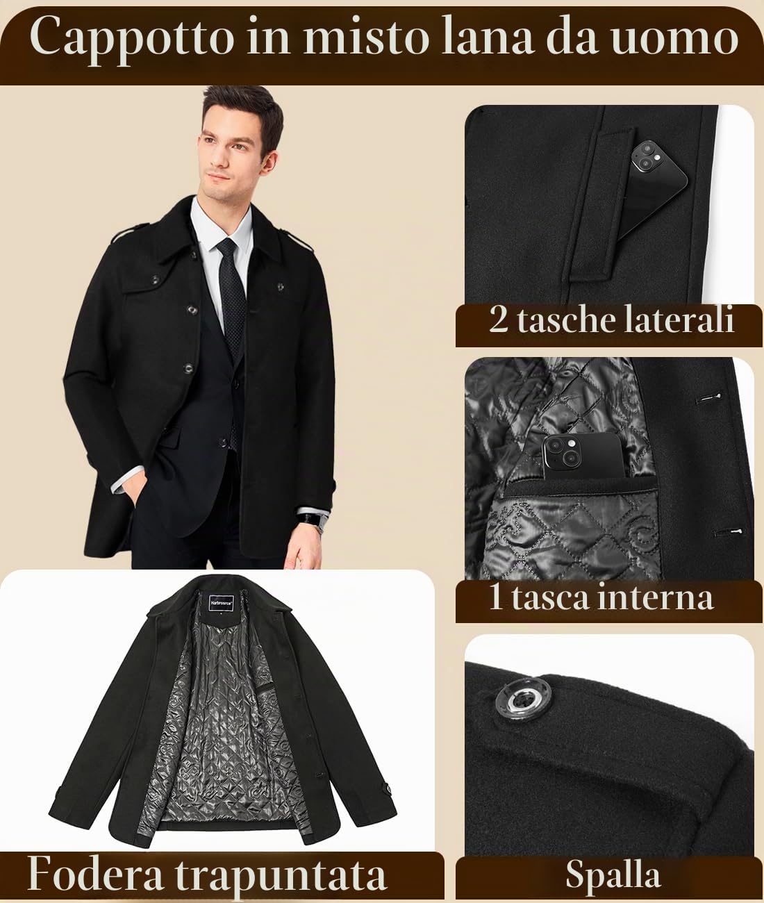 Cappotto da Uomo Giacche di Lana Elegante Trincea Cappotto Invernale Lavoro Corto Business Trench Coat Imbottito e Foderato Calda Giacca