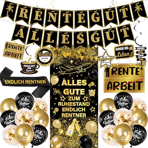 Rente Deko Endlich Rentnerin Set - 29 Stück Schwarz und Gold Ruhestand Deko mit Rente Gut Alles Gut Girlande Schärpe Hintergrund und Luftballons für Ruhestand Party Abschiedsfeier Pension